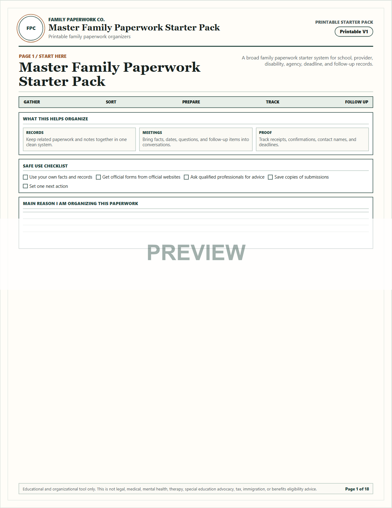 Master Family Paperwork Starter Pack printable preview